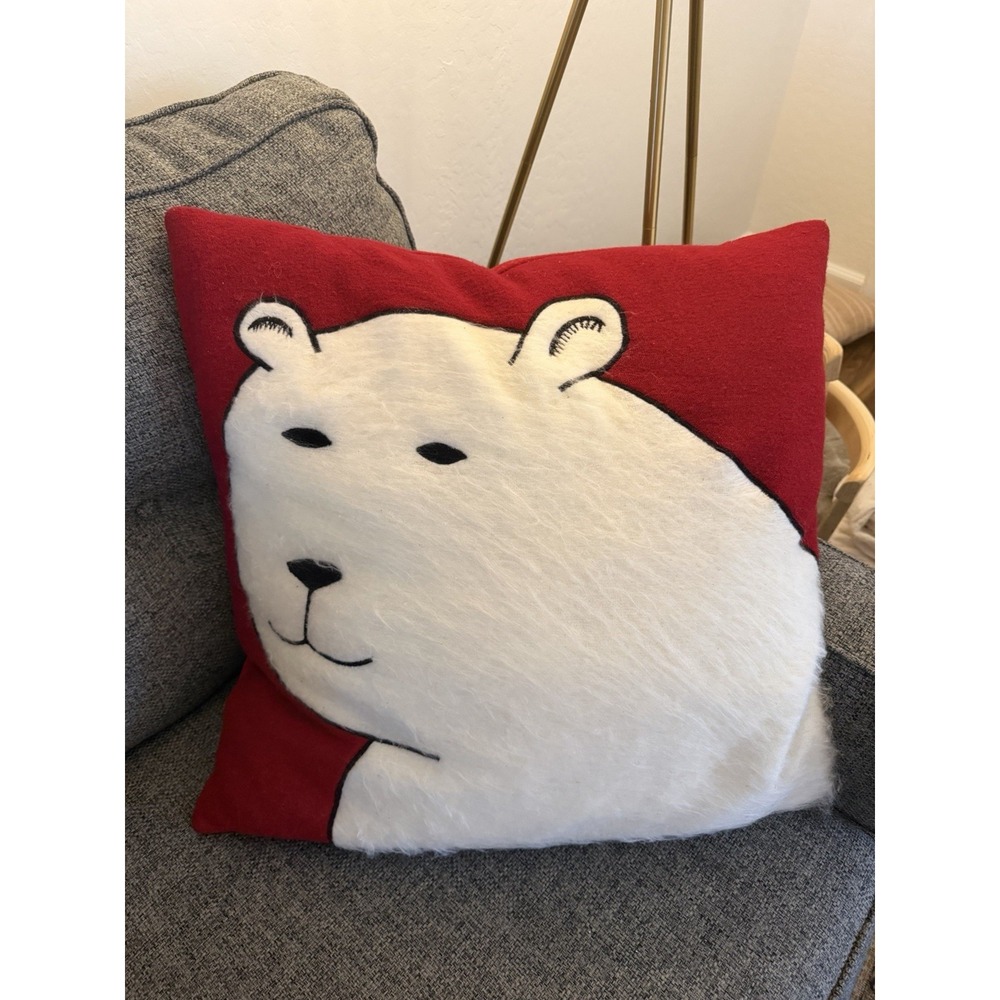 Crate & Barrel Polar Bear Pillow 23x23 Red White Holiday Christmas Down